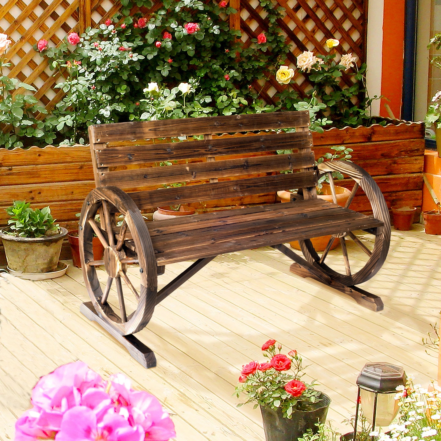2 Seater Garden Bench with Wooden Cart Wagon Wheel Rustic High Back