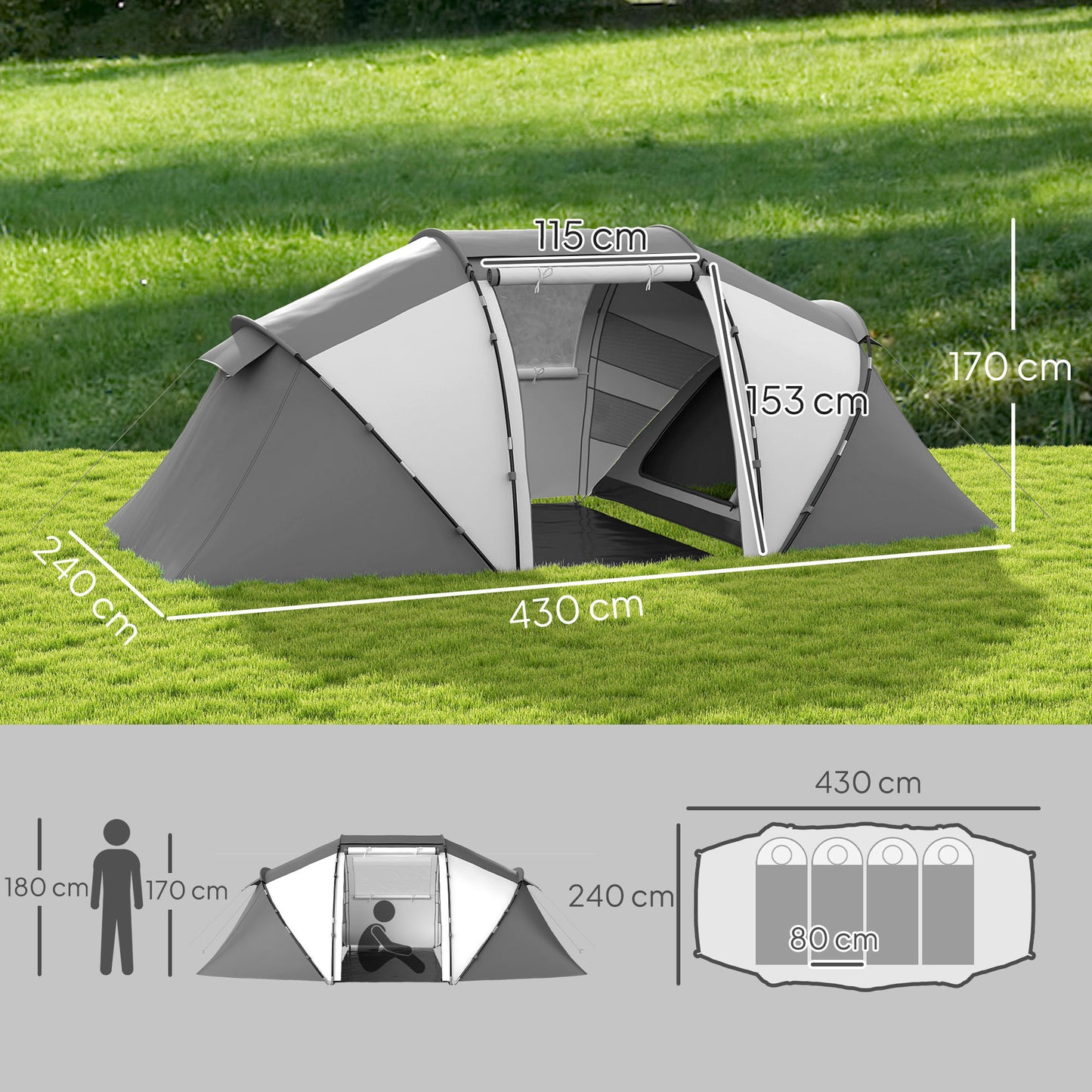 4-6 Man UV Protection Camping Tent - Charcoal Grey and