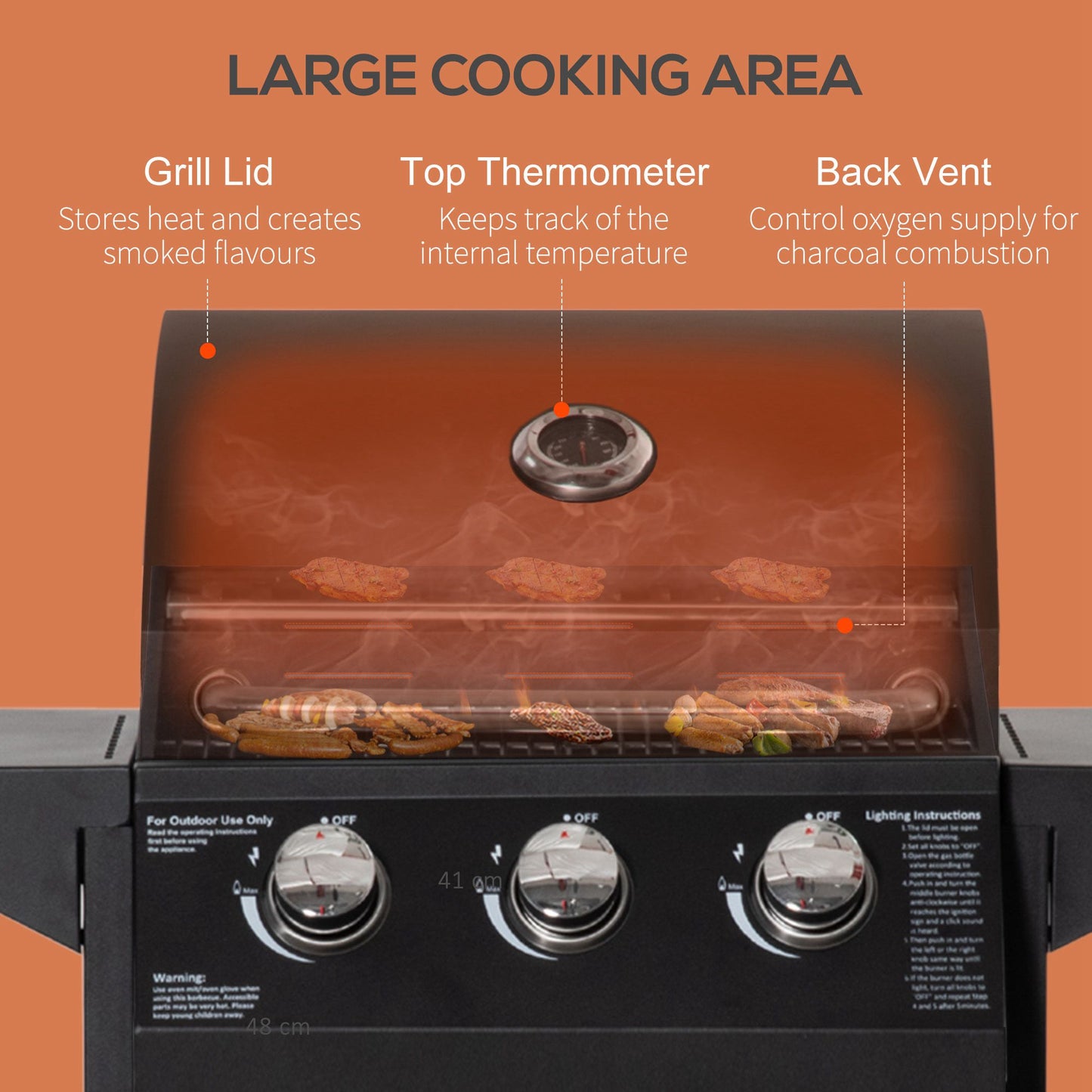 3 Burner Gas BBQ Grill Outdoor Portable Barbecue Trolley w/ Warming