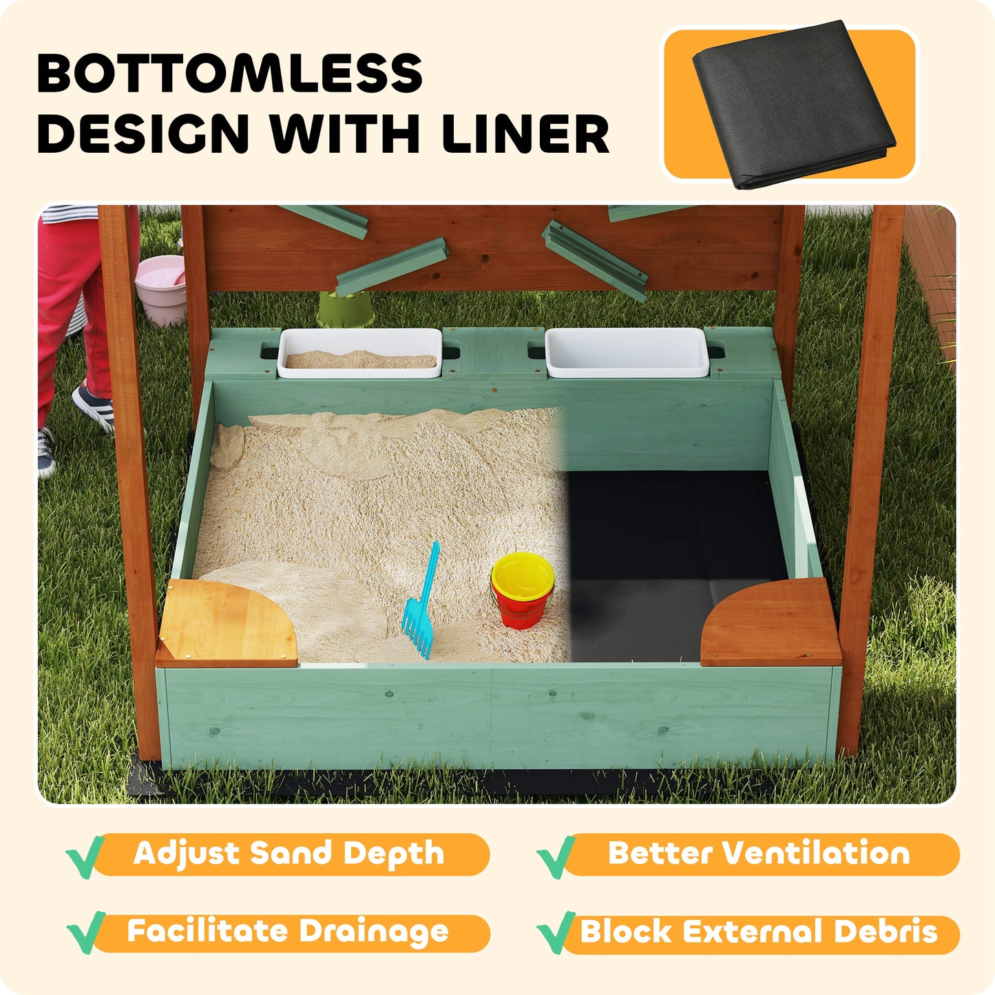 Wood Sandpit with Canopy, Storage Bins, Funnel, Liner, Chutes