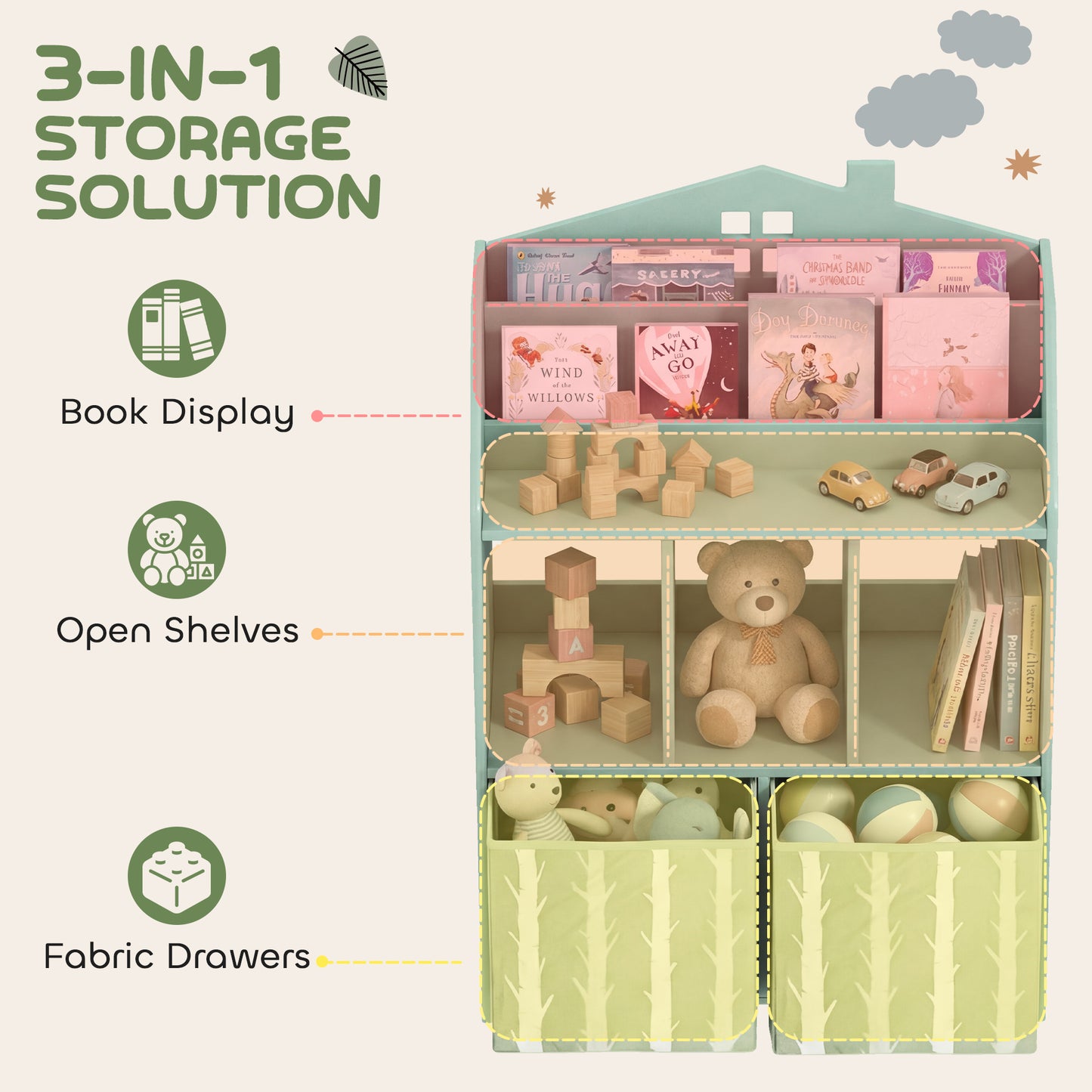 Kids Bookshelf with Storage, Toy Storage Unit with Book Display