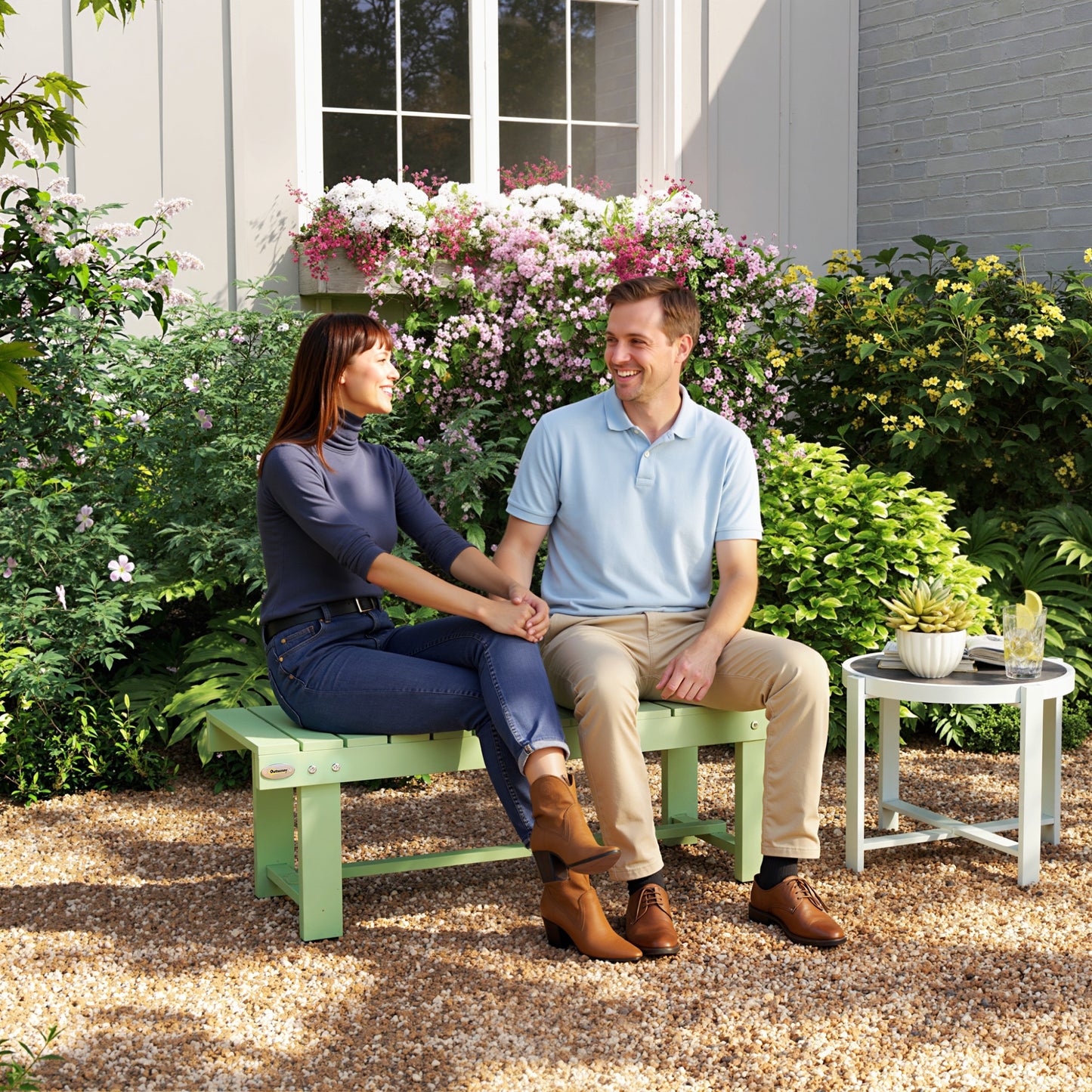 Wooden Garden Bench, Backless Outdoor Loveseat with Slatted Seat