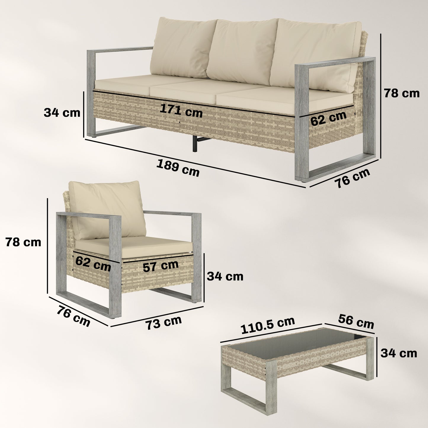 Rattan Garden Set, 4 Piece Rattan Garden Furniture Set