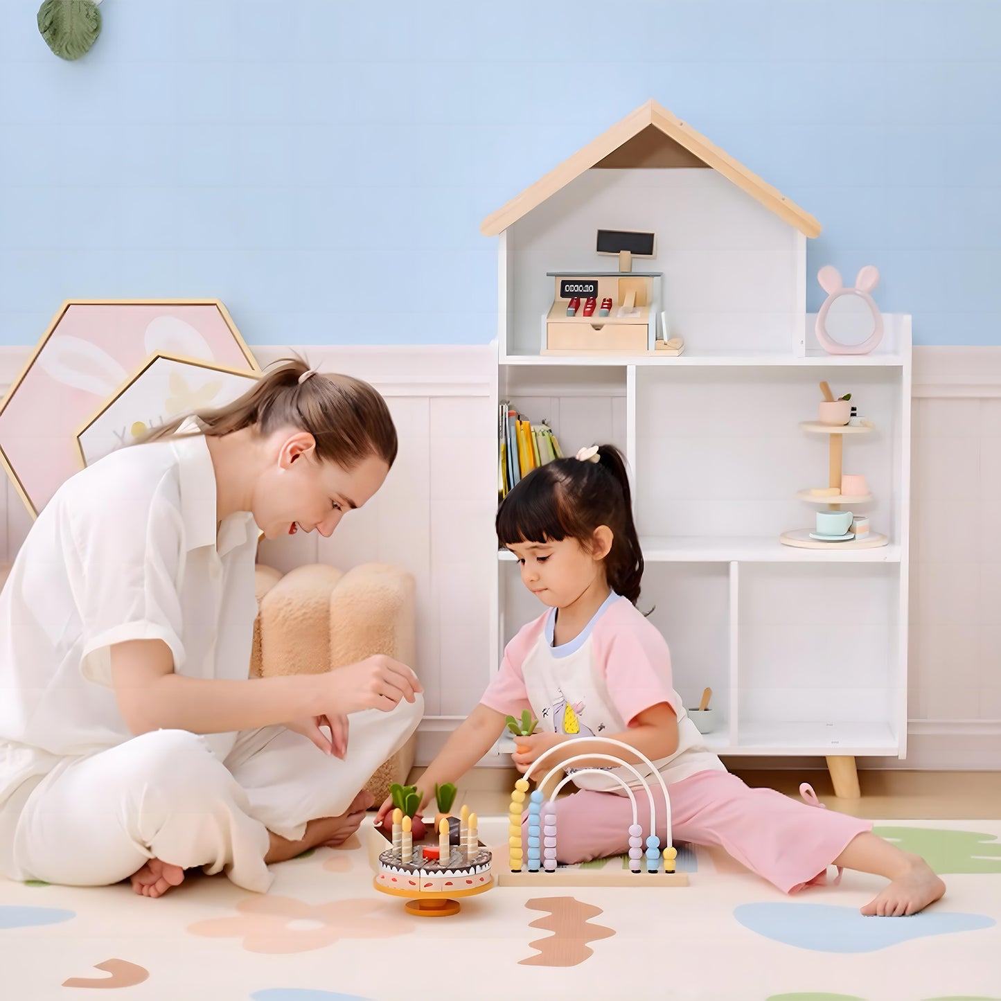 Three-Tier Toy Storage Shelf, Kids Bookcase, with Six Cubes