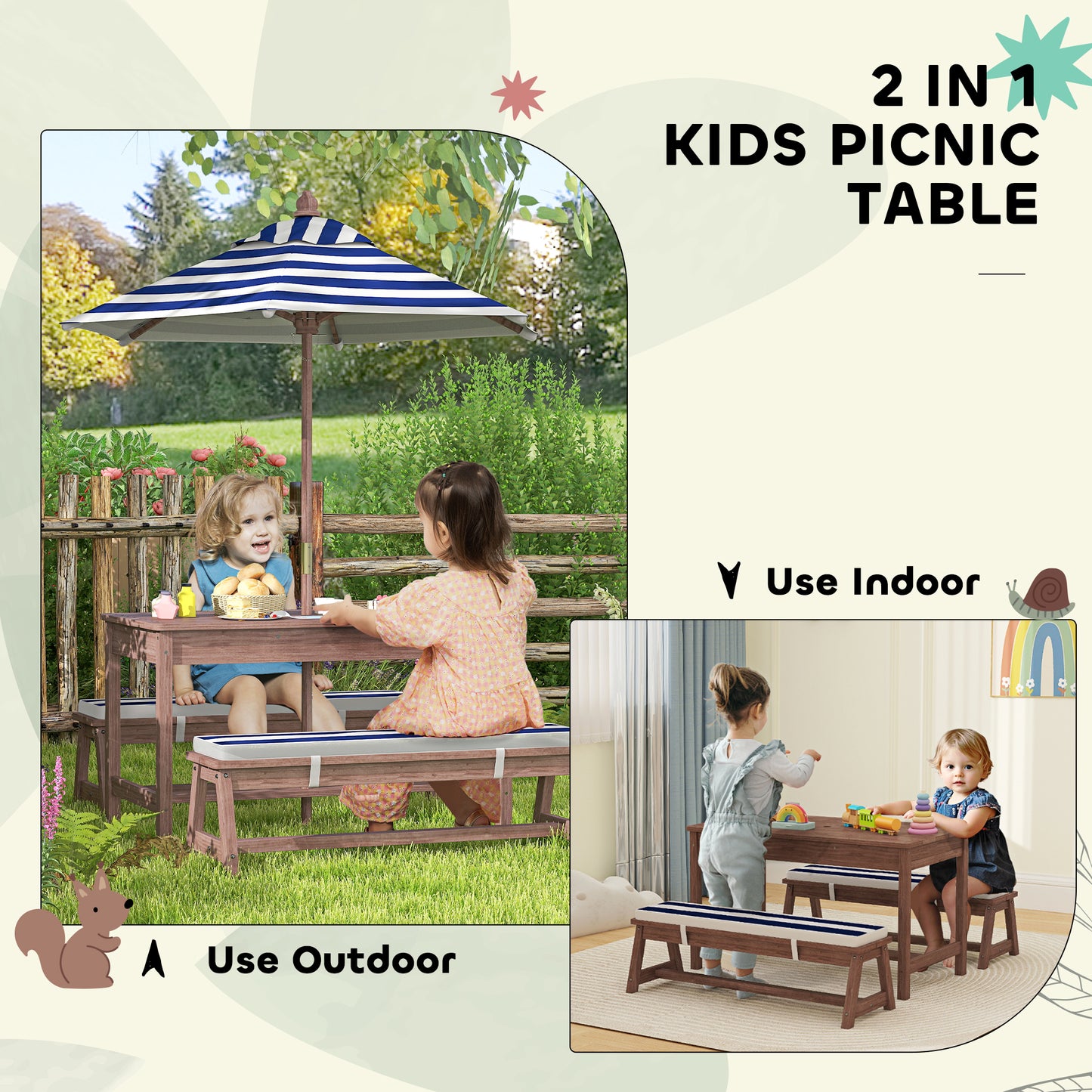 Outdoor Wooden Kids Picnic Table & Bench Set with Cushions
