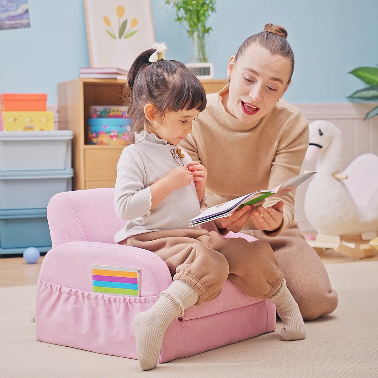 2-in-1 Kids Armchair, Toddler Sofa Bed, with Wood Frame, for Bedroom