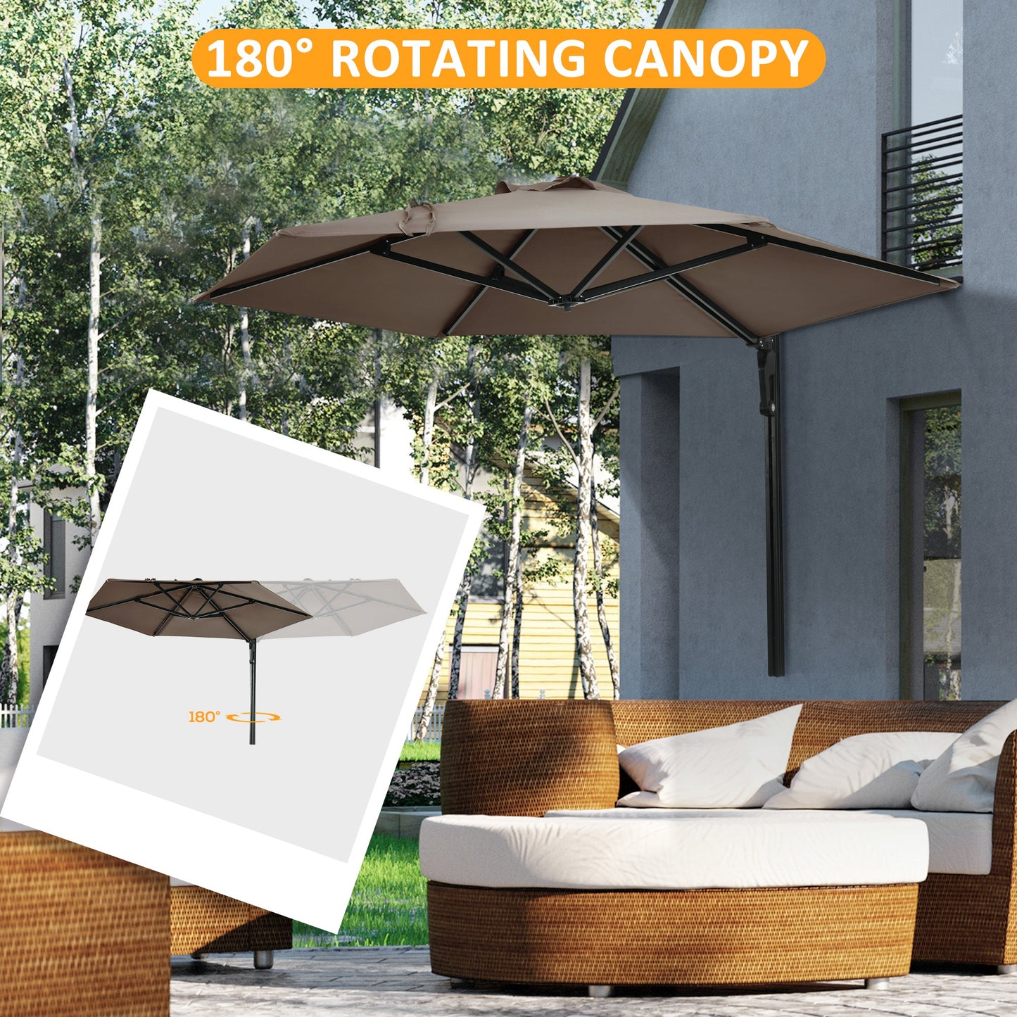 2.5m Wall Mounted Parasol, Hand to Push Outdoor Patio Umbrella