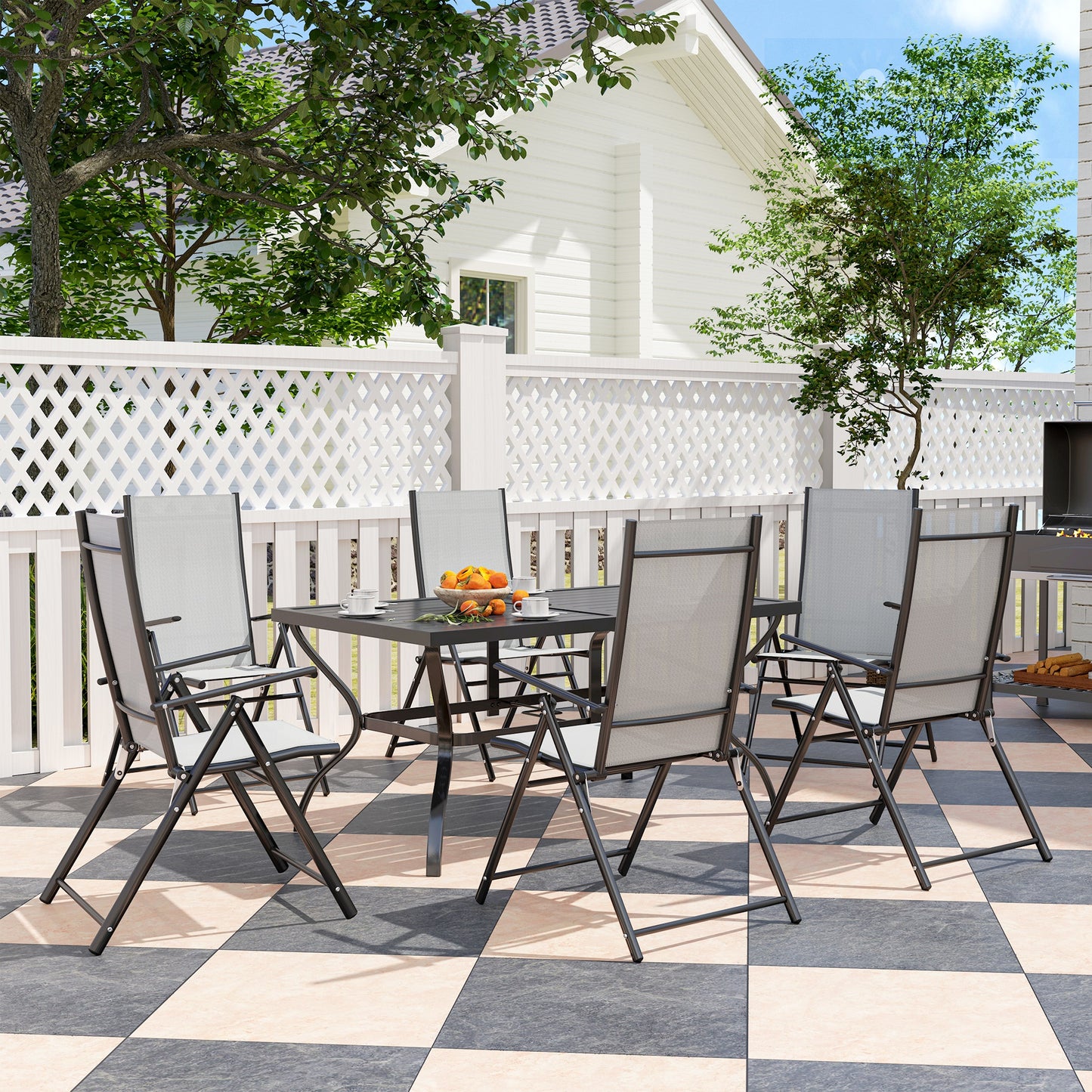 Seven-Piece Steel Outdoor Dining Set, with Parasol Hole