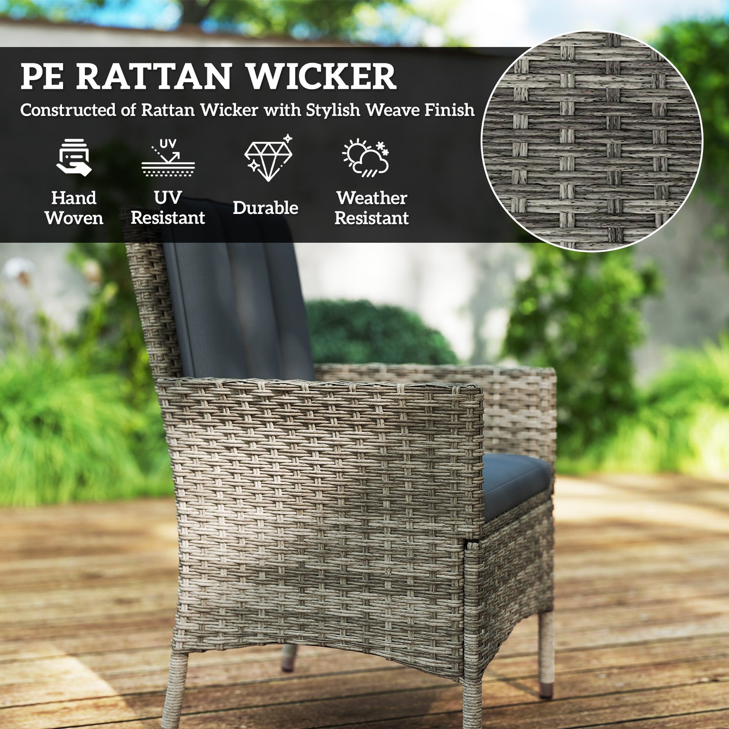 Seven-Piece Rattan Dining Table, with Round Glass-Top Table