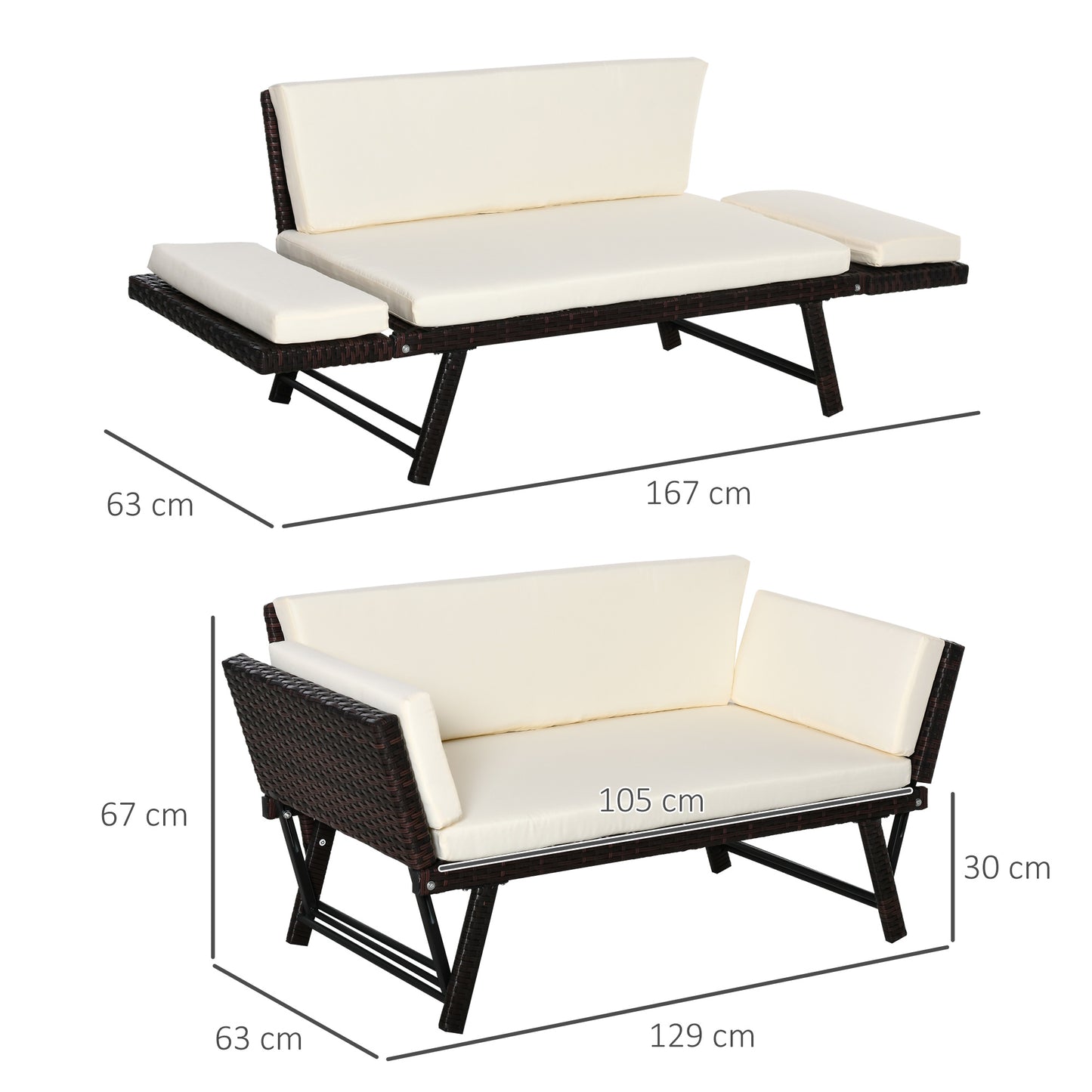 2-Seater 2-in-1 Rattan Convertible Sofa Daybed