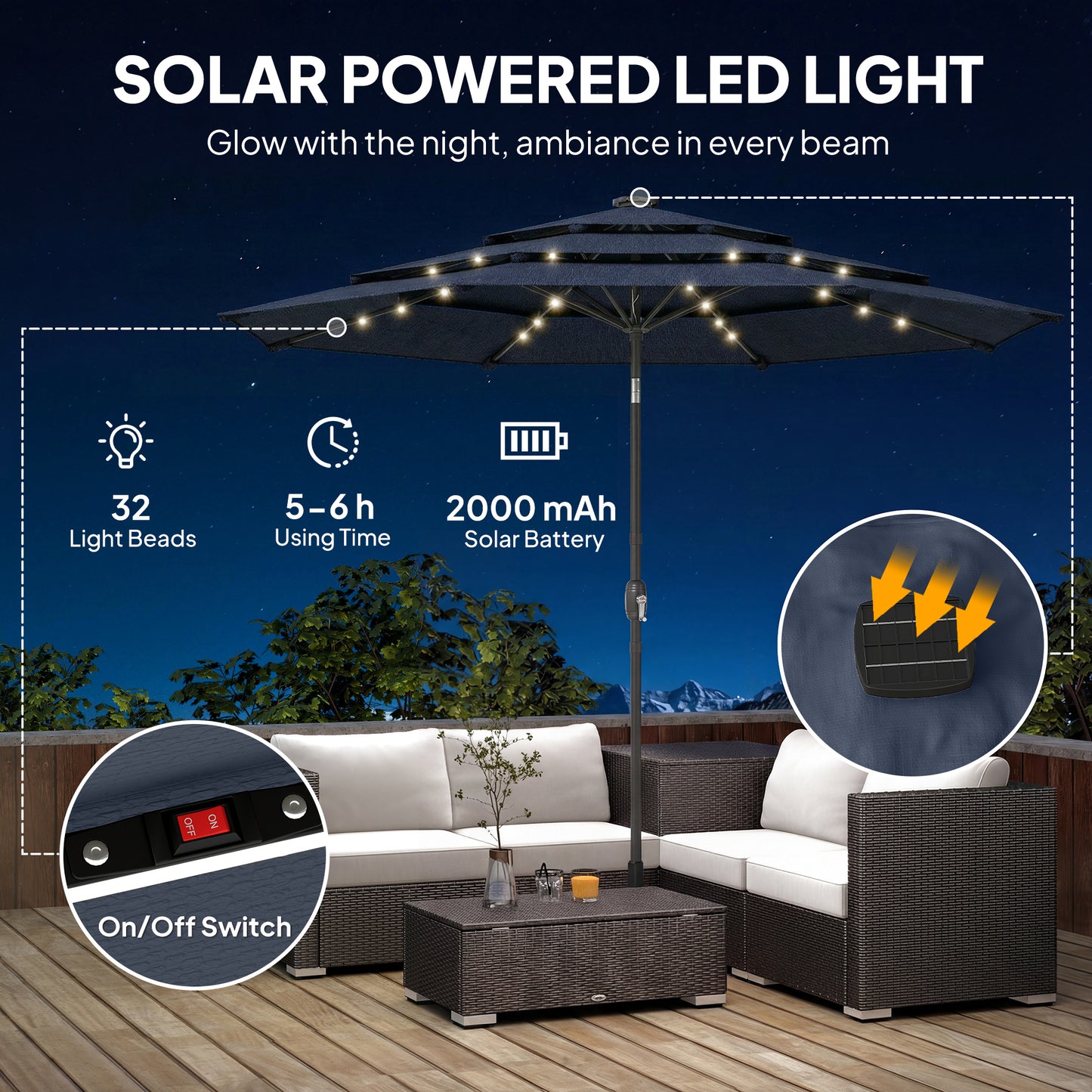 2.8 m Garden Parasol Umbrella with LED Solar Light, Parasol Cover