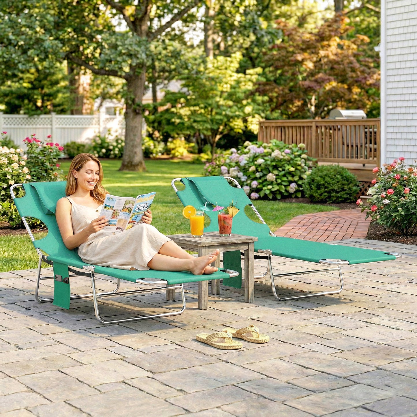 5-Position Adjustable Sun Loungers Set of 2 with Reading Hole