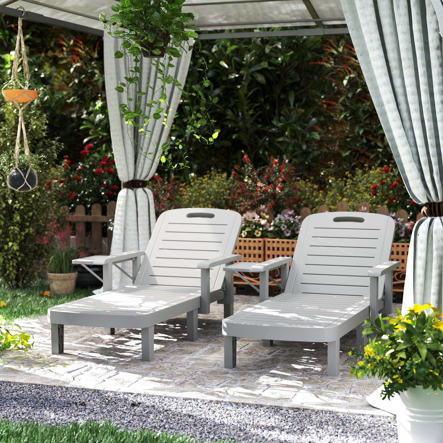 Set of 2 Resin Reclining Sun Loungers for Garden