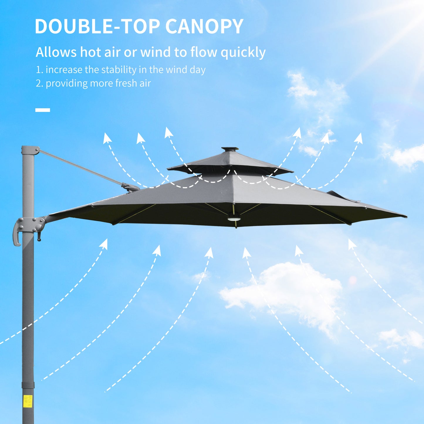 3m Cantilever Parasol w/ Solar Lights Power Bank Base 360° Spin