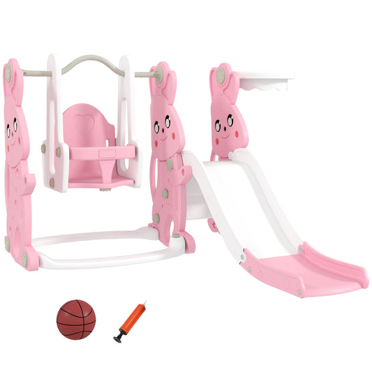 4 in 1 Kids Slide and Swing Set with Climber, Basketball Hoop
