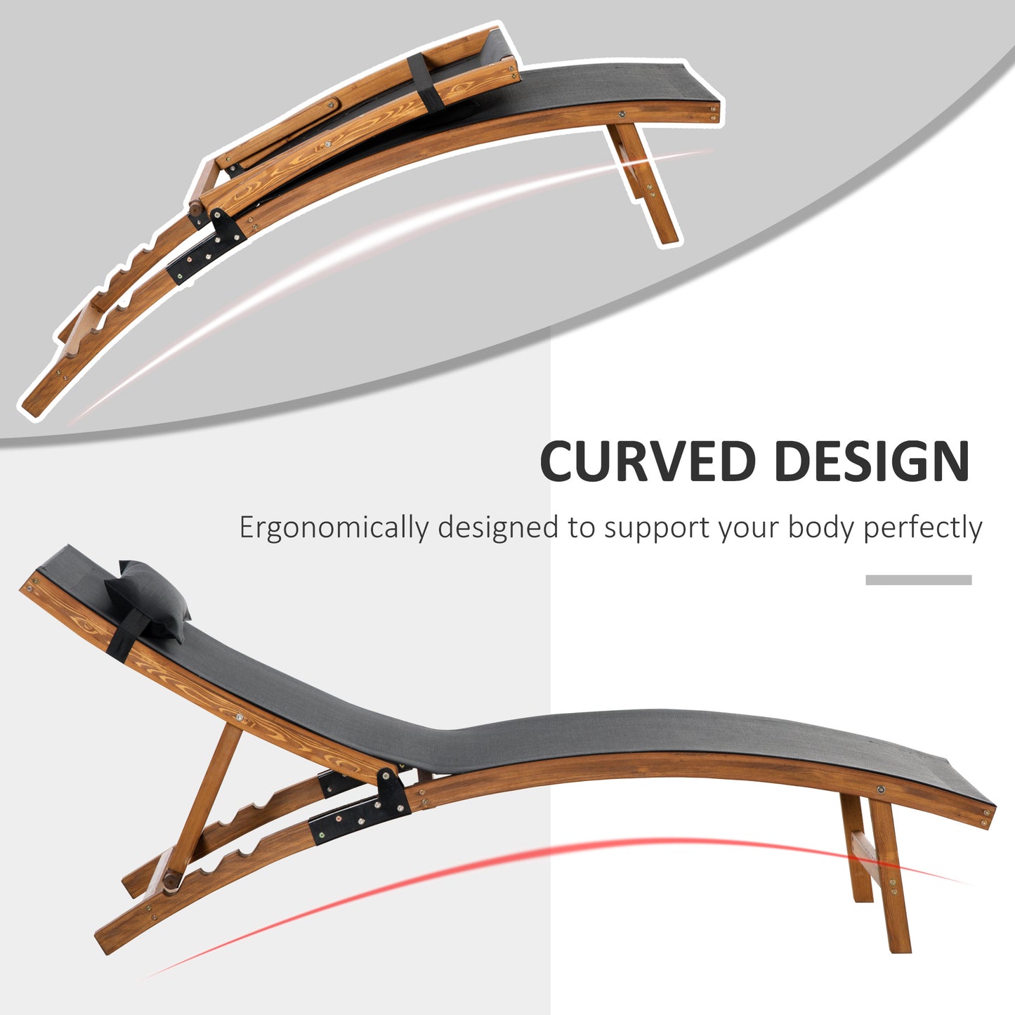 Ergonomic Patio Lounge Chair Wooden Outdoor Chaise w/ 3 Adjustable