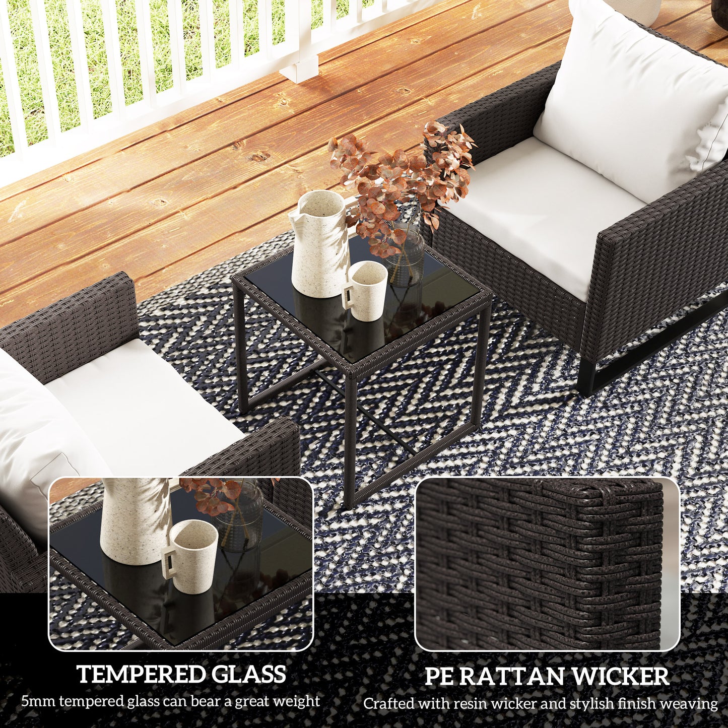 3 Pieces Rattan Bistro Set with 4 Cushions