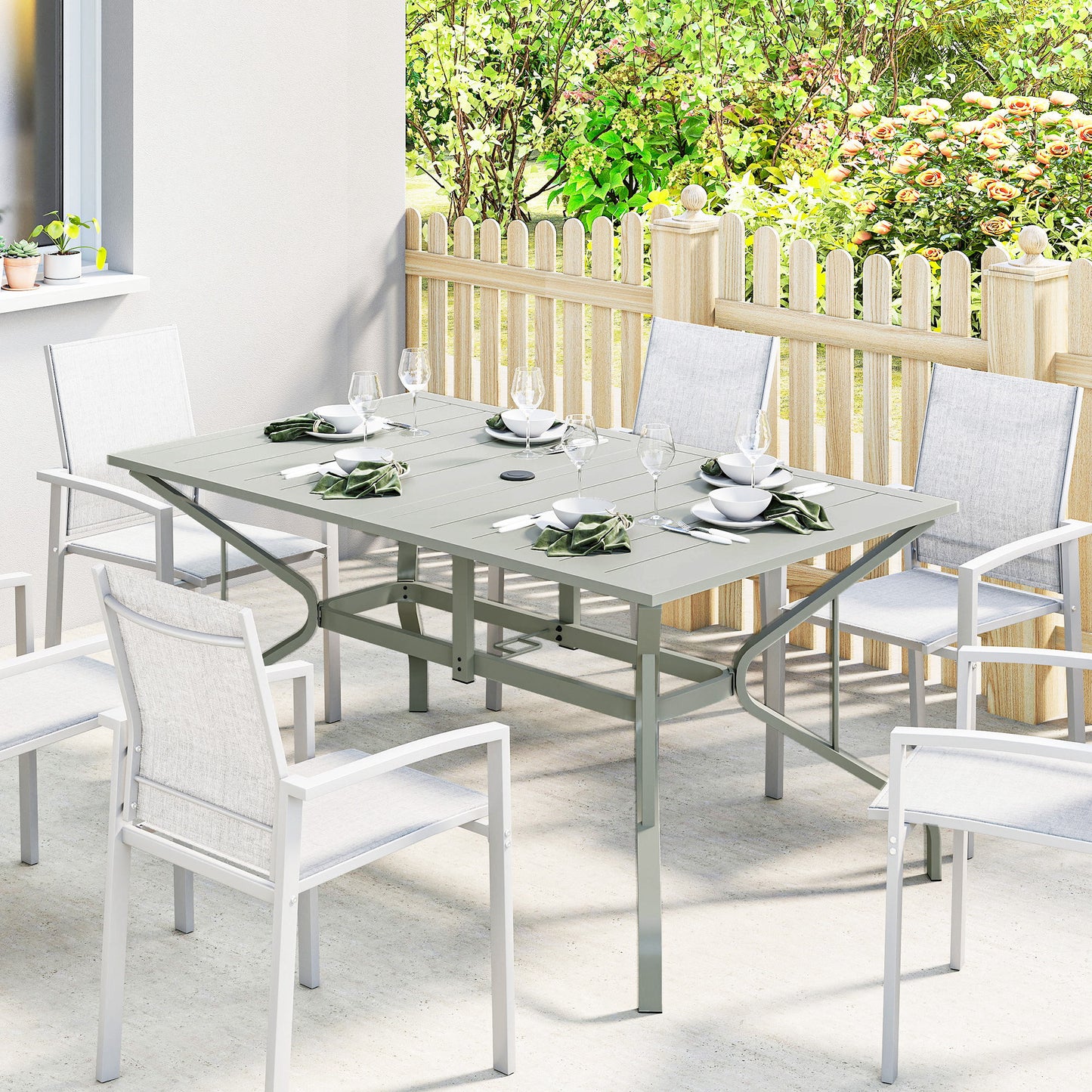 Rectangle Garden Table with Parasol Hole, Outdoor Dining Table for 6