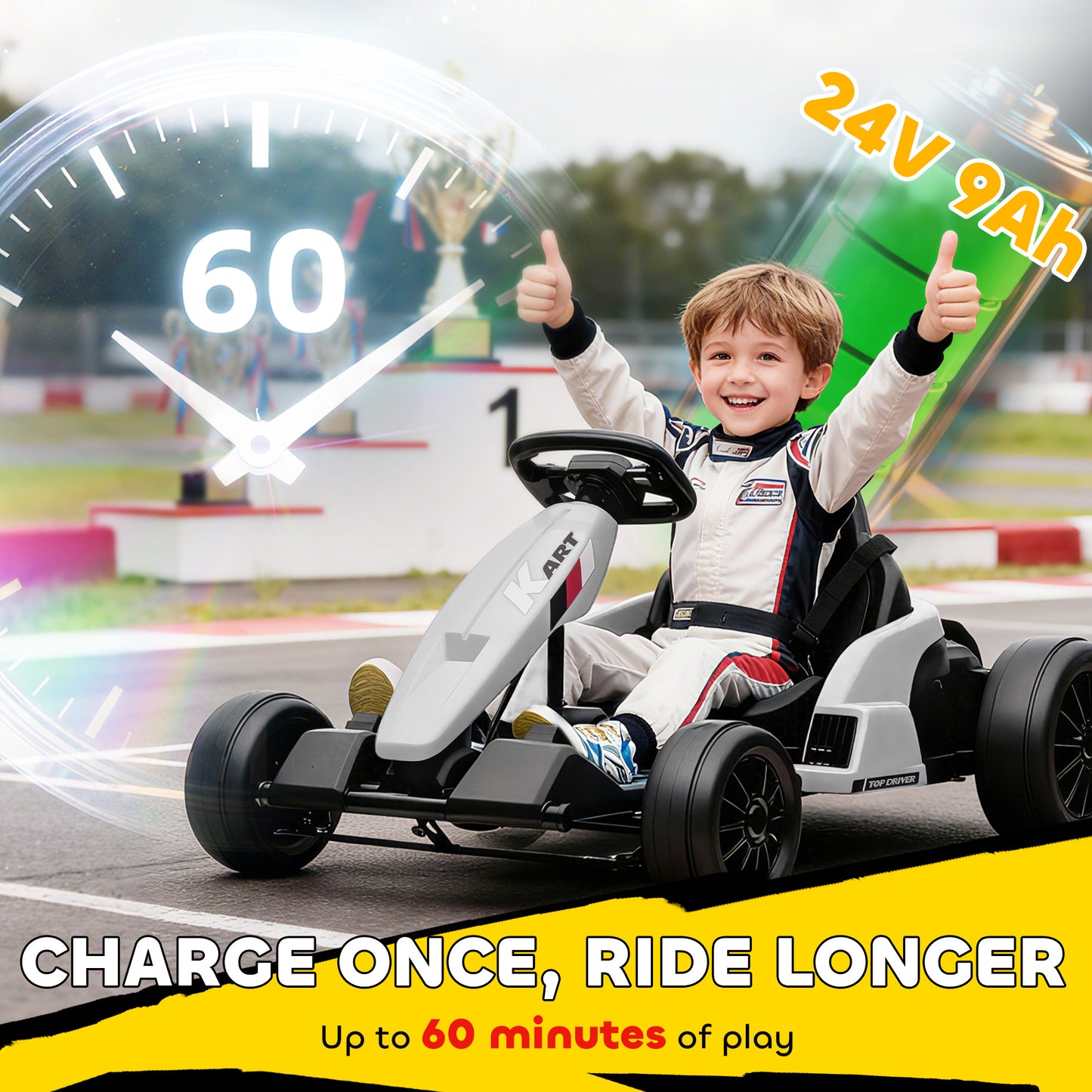24V Electric Go Kart, Drift Kart with Adjustable Seat, Slow Start