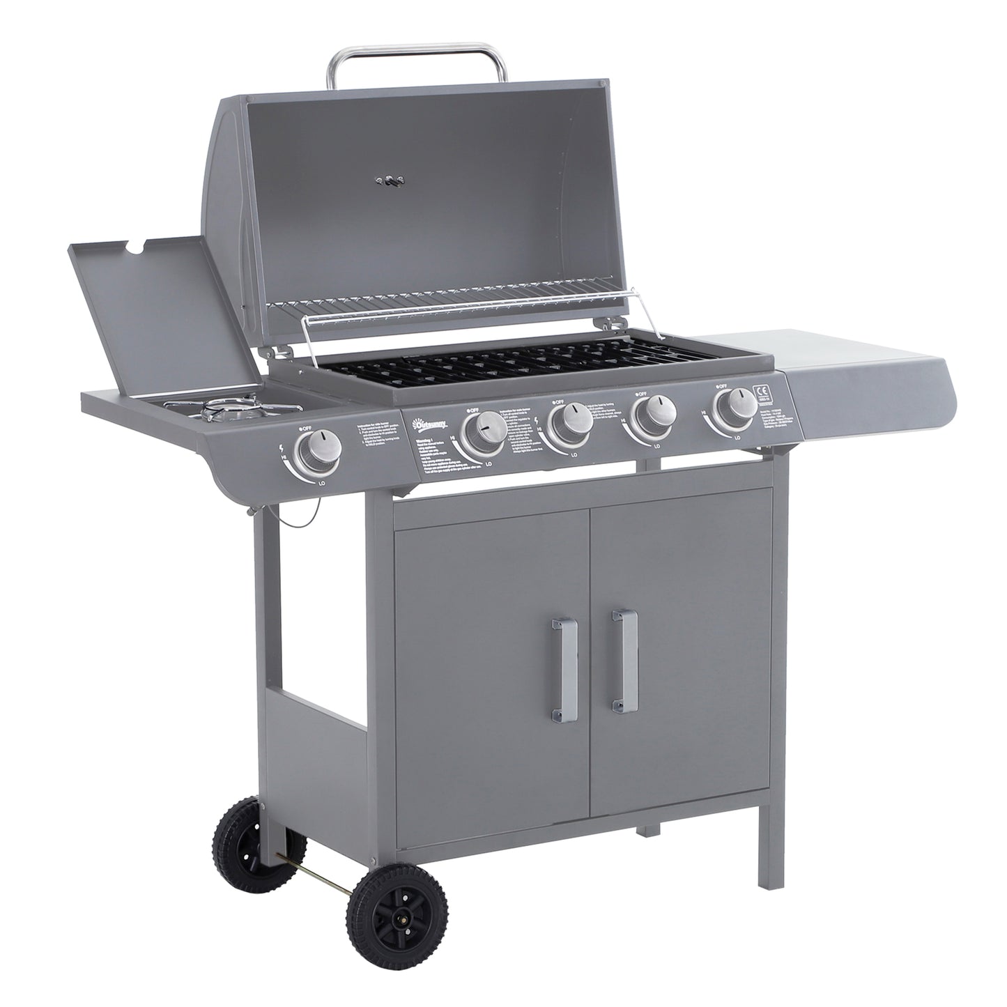 4+1 Burner Gas BBQ Grill, Outdoor Barbecue Trolley with Wheels