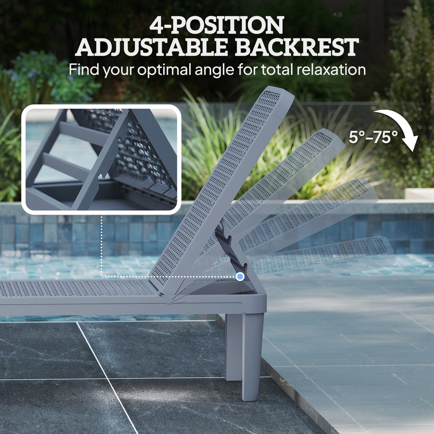 Plastic Sun Lounger, 4-Position Adjustable Reclining Garden Lounger