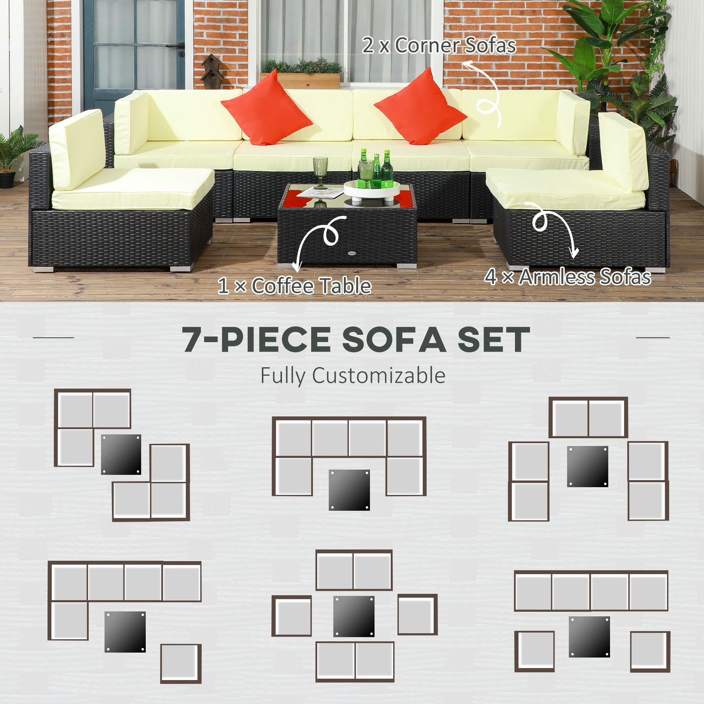 Seven-Piece Rattan Garden Set, with Glass-Top Table - Black/Beige