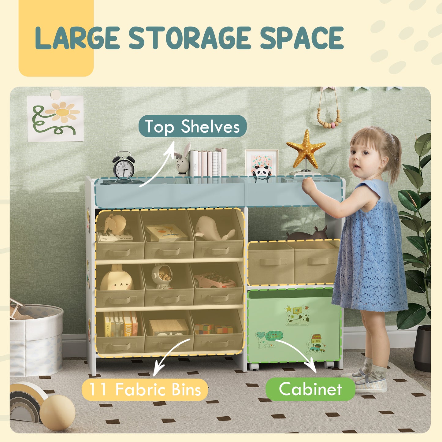 Kids Toy Storage Unit with 11 Bins, Cabinet, Top Shelves, 3 Stickers