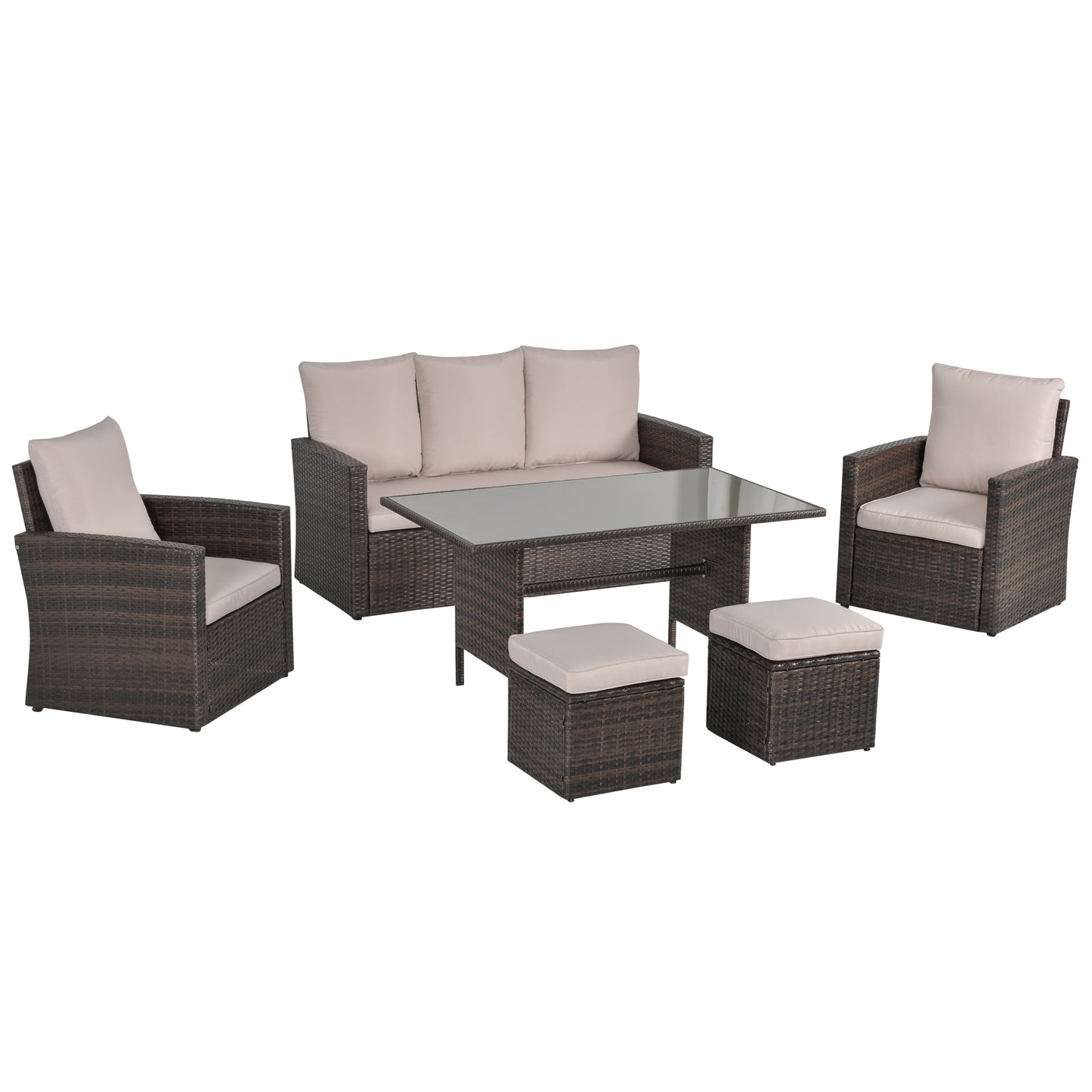 Six-Piece Rattan Sofa Set, with Glass-Top Table