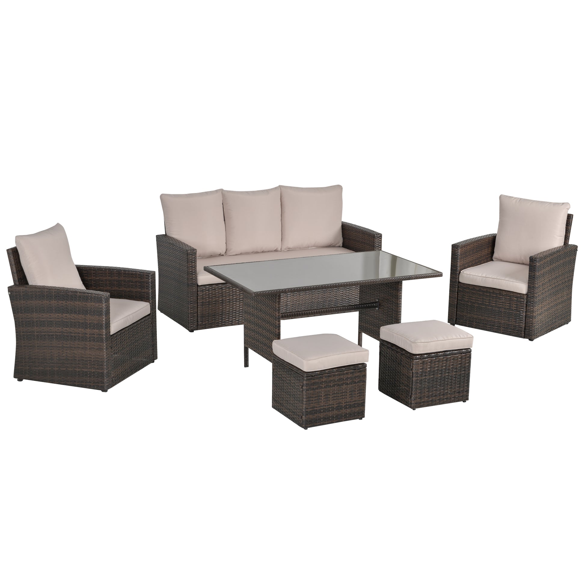 Six-Piece Rattan Sofa Set, with Glass-Top Table