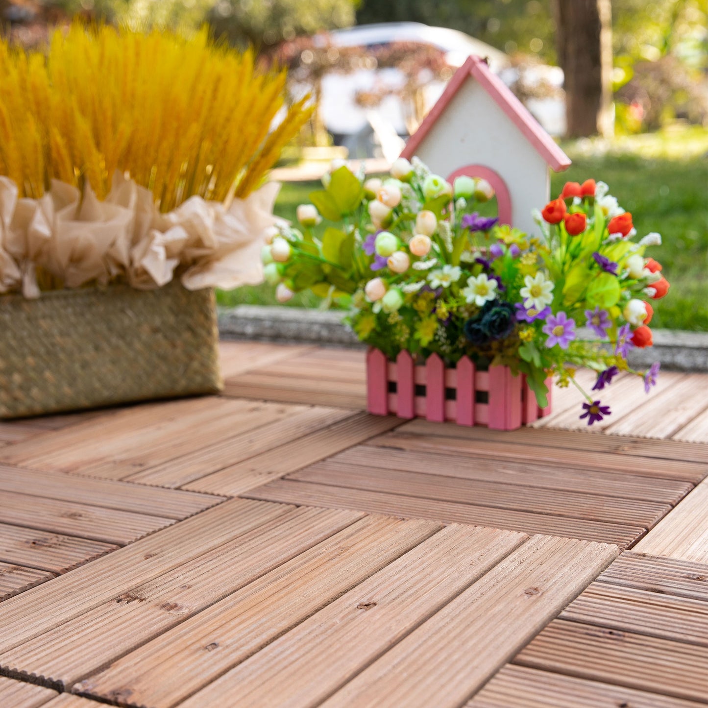 27 Pcs Solid Wood Interlocking Decking Tiles For Patio, Balcony