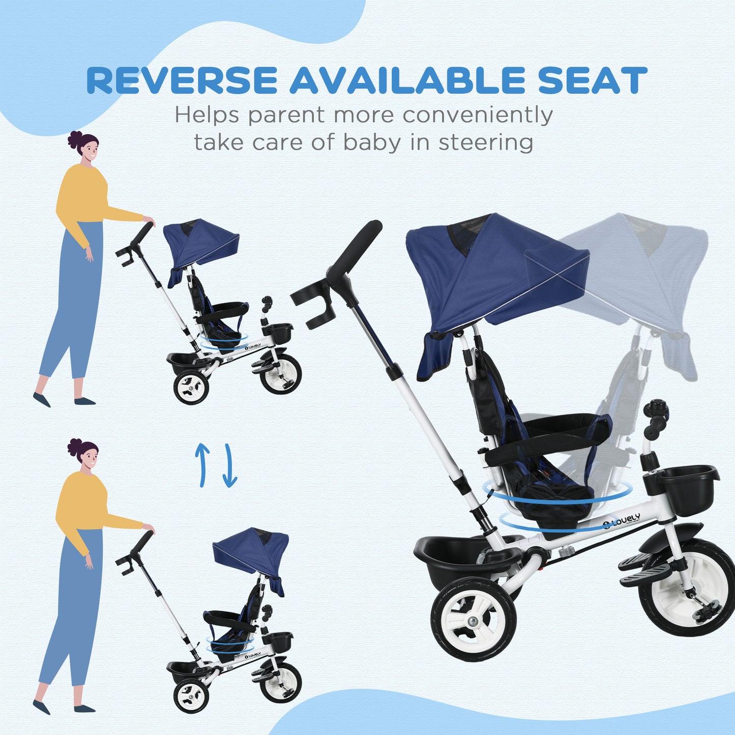 Metal Frame 6 in 1 Baby Push Tricycle with Parent Handle