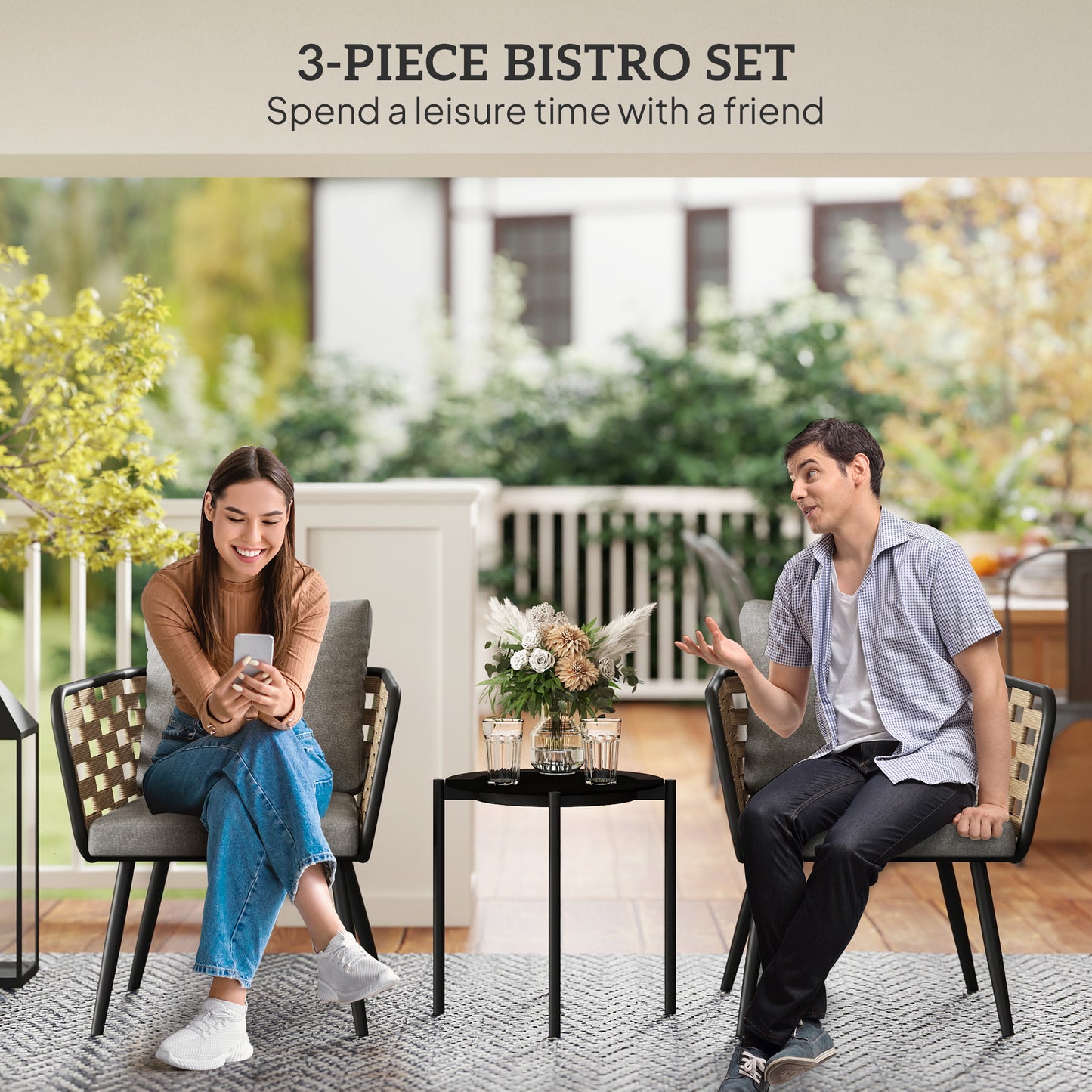 3 Pieces Rattan Bistro Set with Washable Seat and Back Cushions
