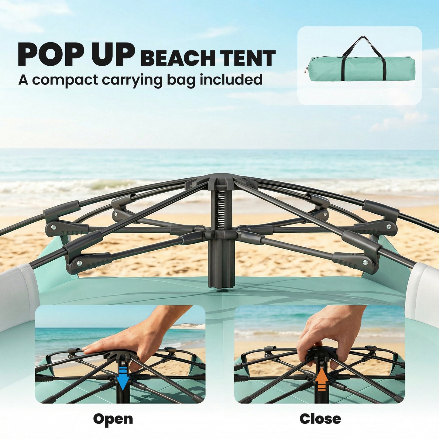 2-3 Person Pop Up Beach Tent, UPF15+ Sun Shelter with Extended Floor