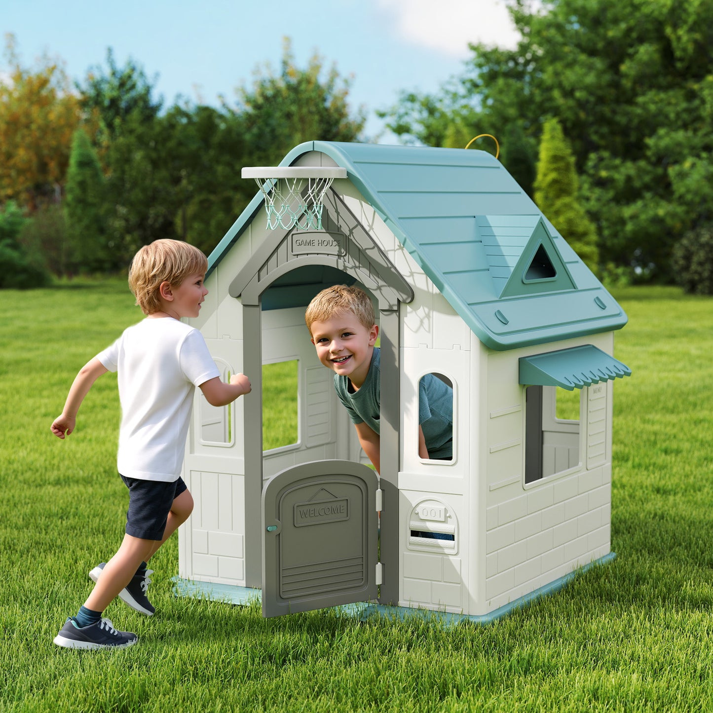 5-in-1 Playhouse for Kids Outdoor Indoor with Basketball Hoop