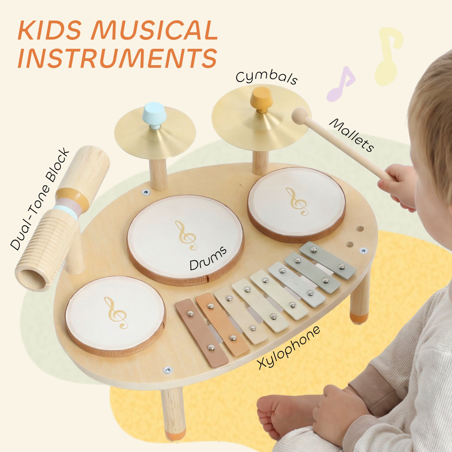 Baby Drum Kit, Wooden Kids Musical Instruments with Drums