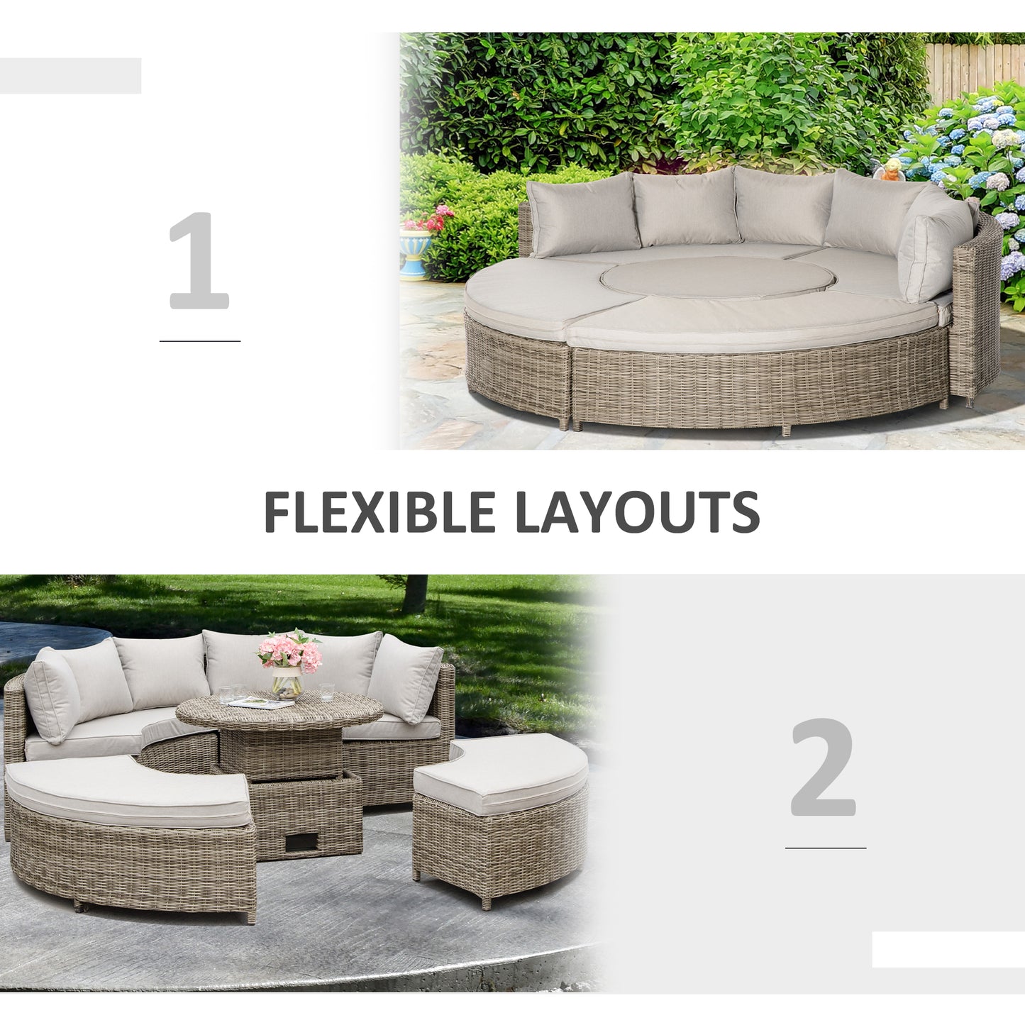 5 Pieces Outdoor PE Rattan Round Garden Daybed with Cushions
