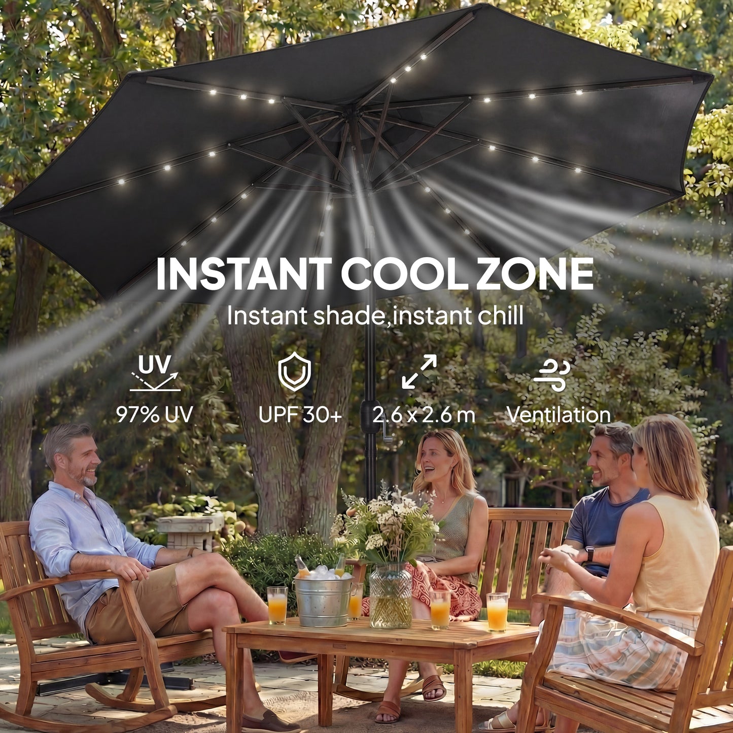2.6 m Garden Parasol Umbrella with LED Solar Light, Parasol Cover