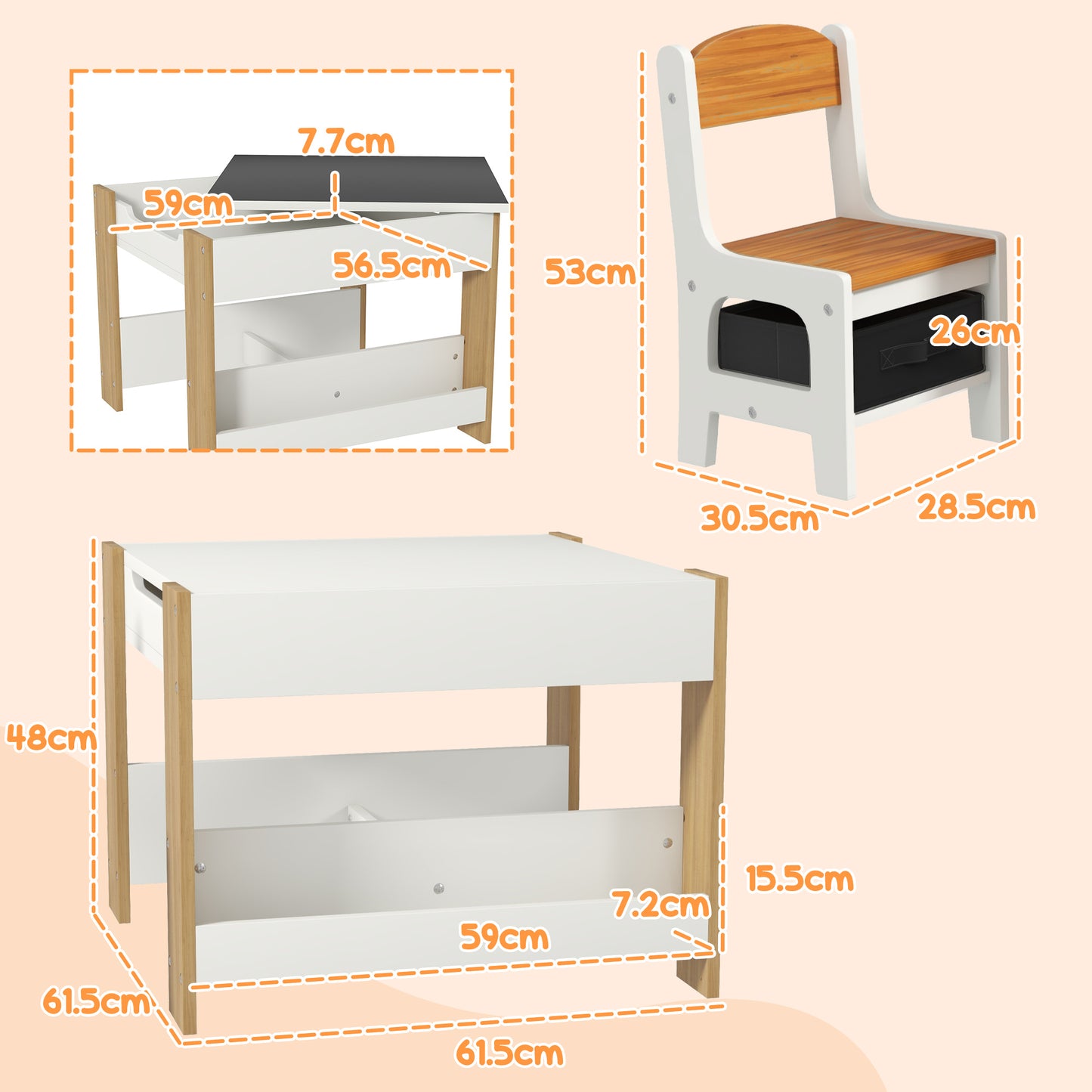 Three-Piece Kids Table and Chair Set with Blackboard, Storage