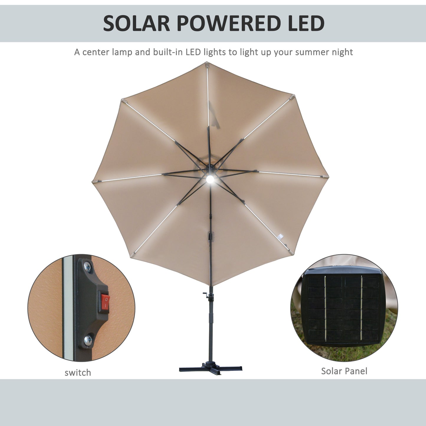 3(m) LED Cantilever Parasol Outdoor Sun Umbrella w/ Base Solar Lights