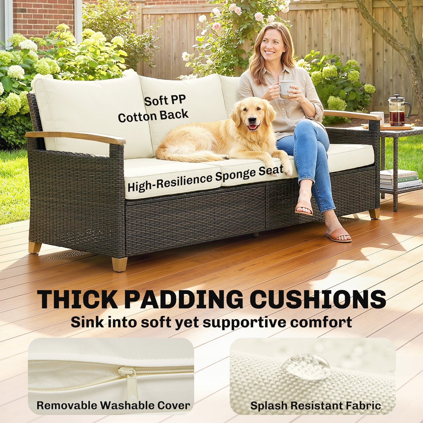3 Seater Rattan Garden Sofa, PE Wicker Outdoor Sofa Wide Deep Seat
