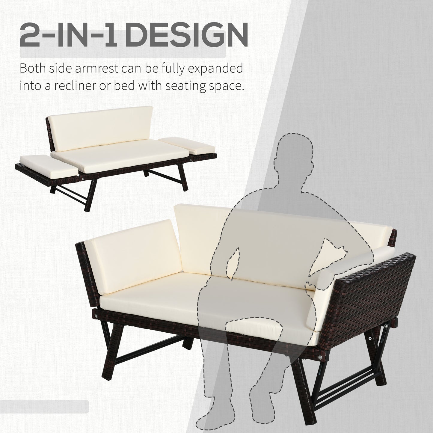 2-Seater 2-in-1 Rattan Convertible Sofa Daybed