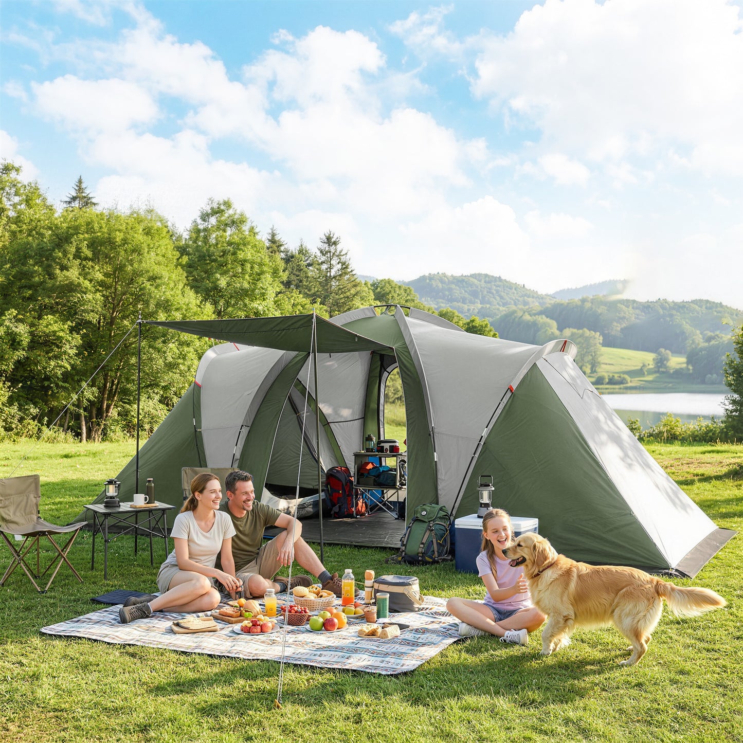 Family Camping Tent 3000mm Waterproof Windproof Tunnel Tent 8-12