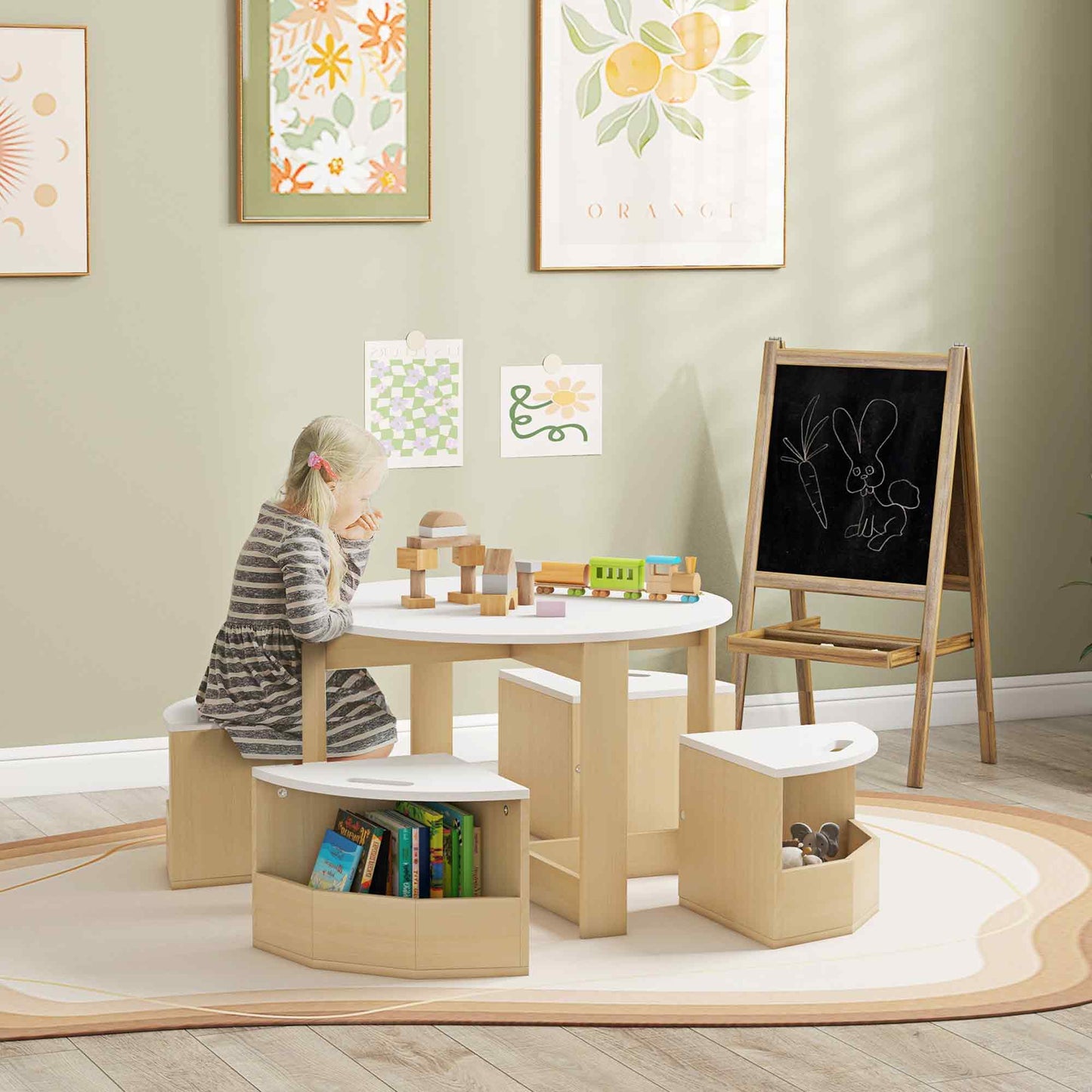 Five-Piece Kids Table and Chairs Set with Storage, for Ages 3-8 Years