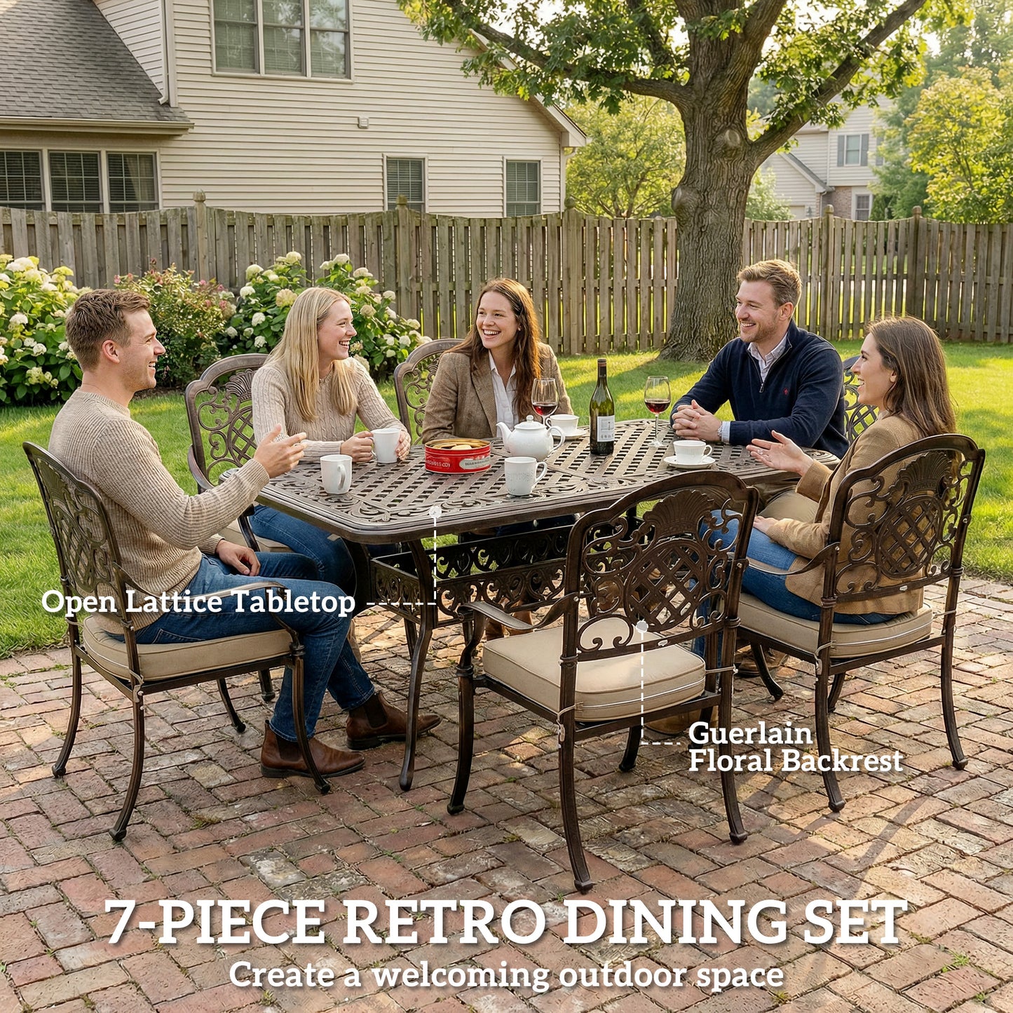 Garden Dining Set for 6, Cast Aluminium Outdoor Table and Chairs Set