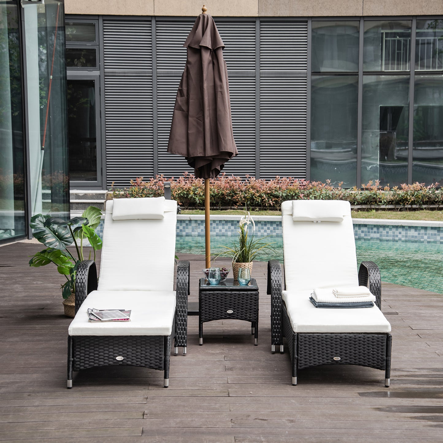 2 Seater Rattan Sun Lounger Set with Side Table
