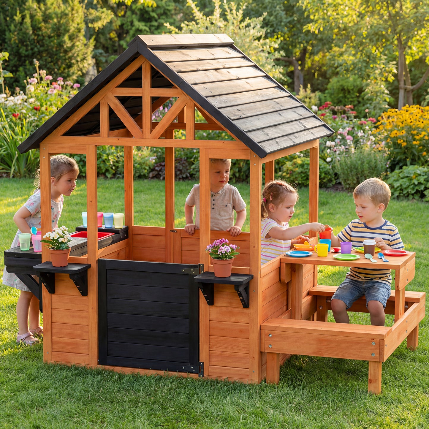 Wooden Playhouse Playhouse for Kids with Table, Benches, Sink Table
