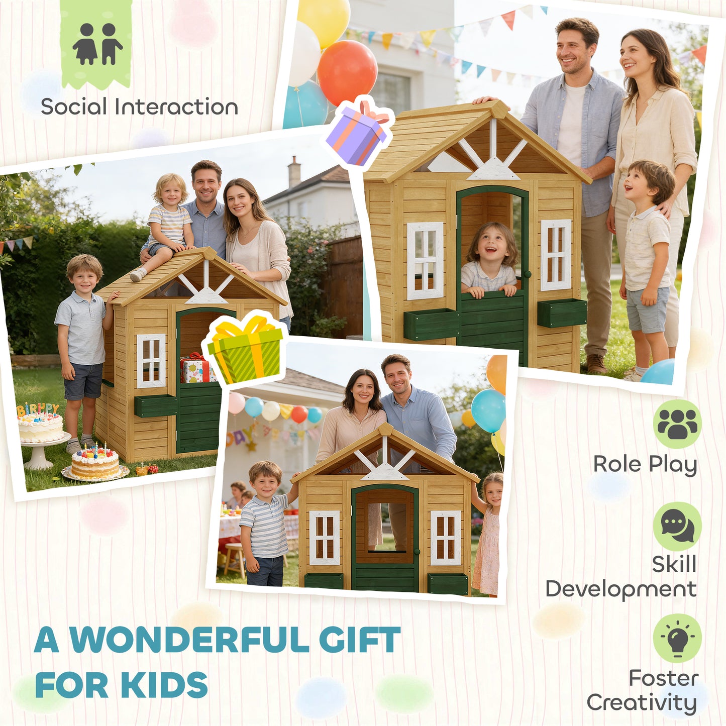 Outdoor Kids Playhouse, Wooden Wendy House with Door, 3 Windows