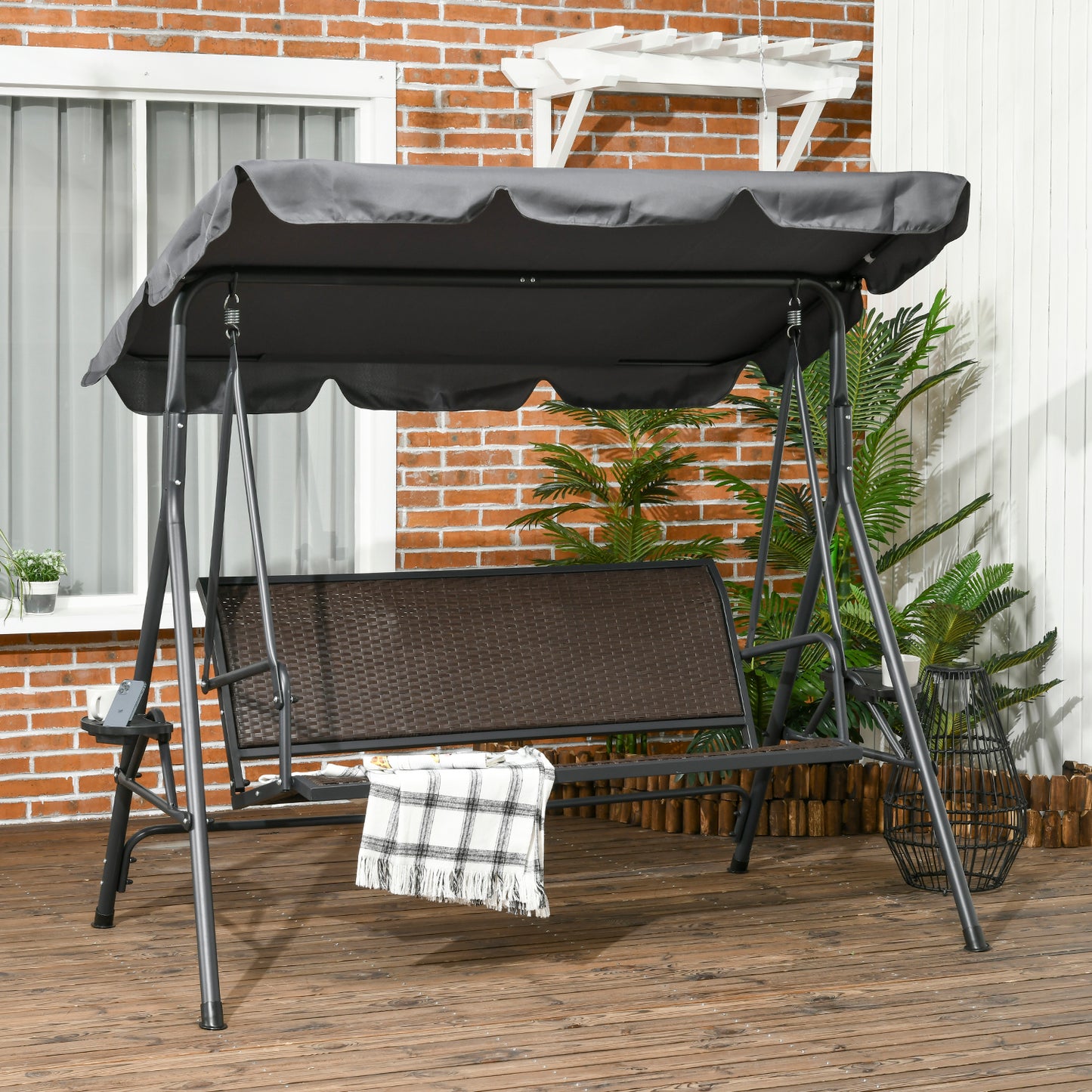 3 Seater Swing Chair, Garden Swing Seat Bench with Adjustable Canopy