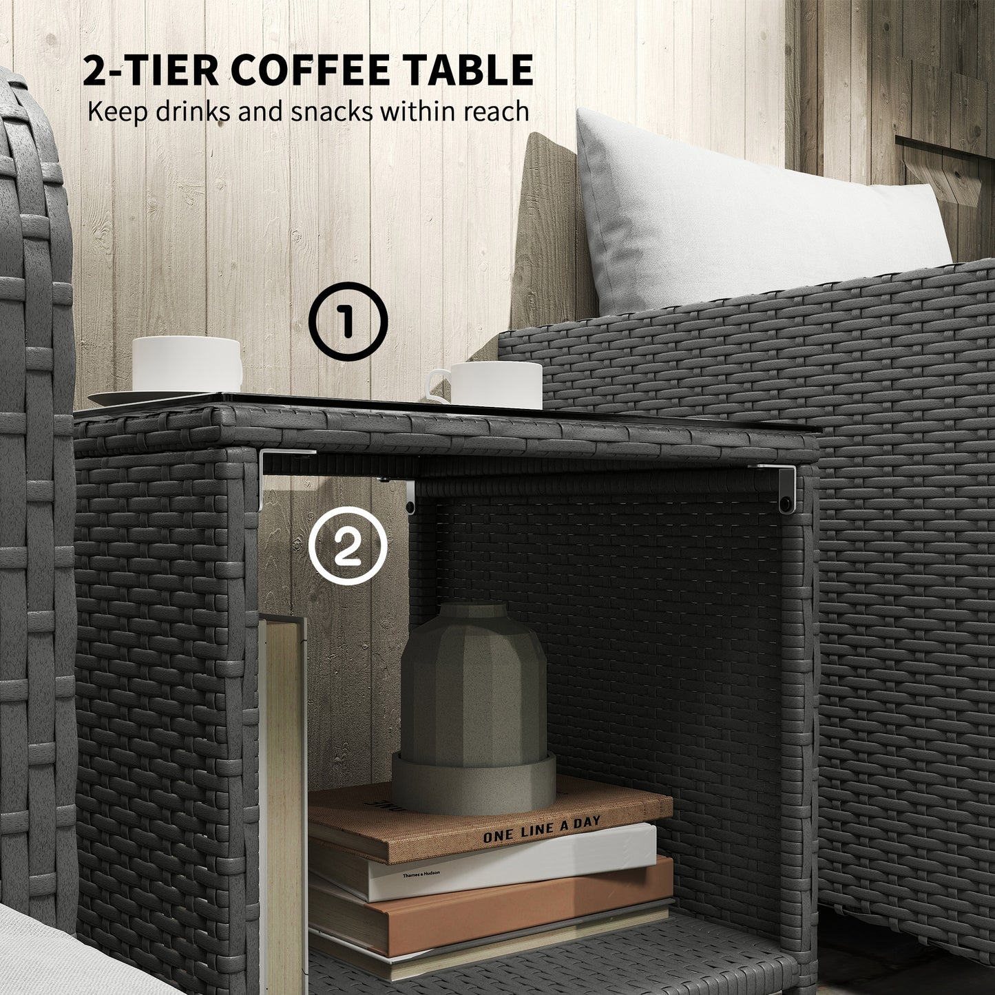 Five Piece Rattan Garden Furniture Set with 2-Tier Coffee Table