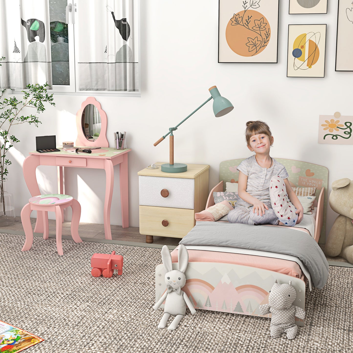 Toddler Bed Frame, Kids Dressing Table with Mirror and Stool